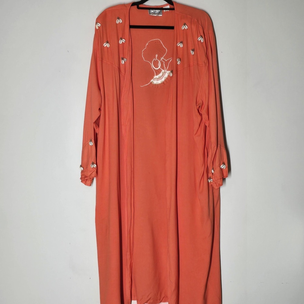 Vintage Molato Beaded Shell‎ African Woman Art Maxi Duster Open Front XL